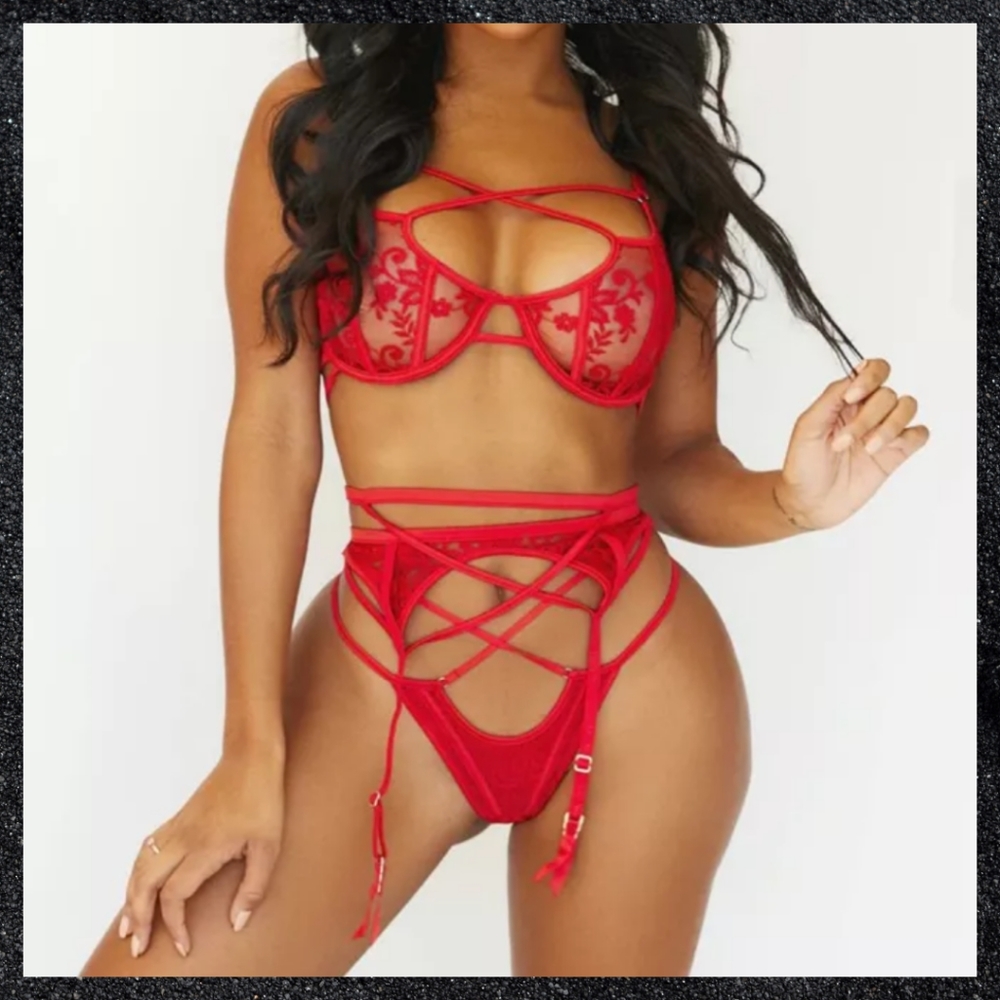 Red Strappy Lace Bralette Garter Belt G-String Panty Set